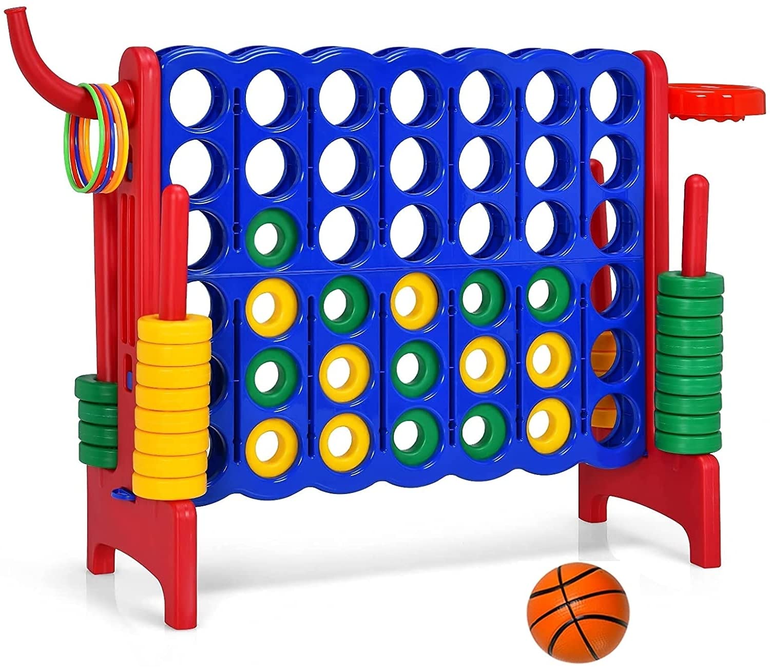 AUgESTER giant 4 in a Row connect game Jumbo 4 to Score game Set w 42 chess Rings Basketball & Hoop Toss Rings & Quick-Release L