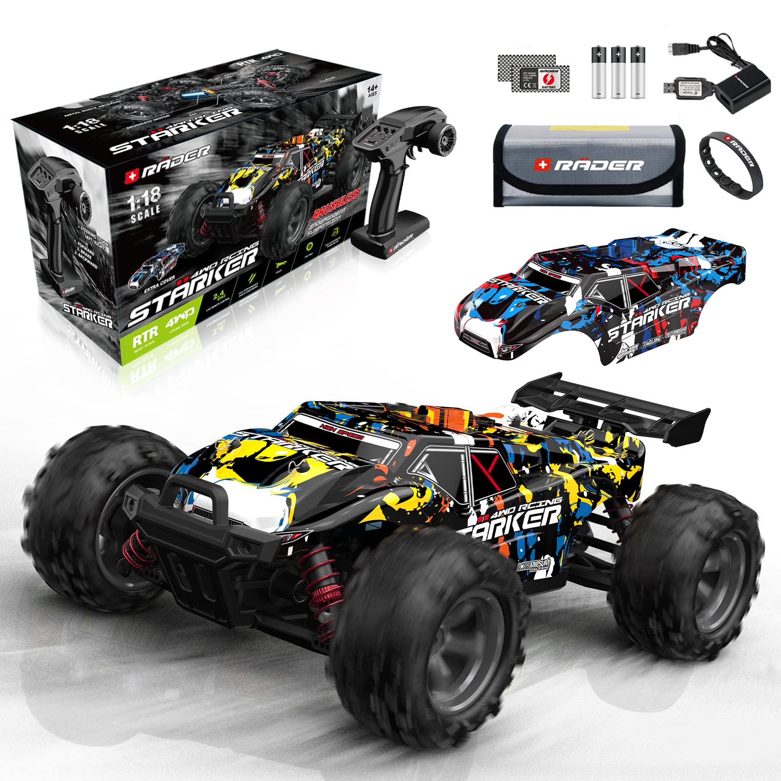 Rader Starker Brushless Rc Cars-1:18 Scale 65+Kmh High Speed Rc Car Hobby Grade Remote Control Car 4X4 Off Road Monster All Terr