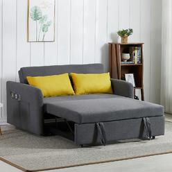 Polibi 555 Convertible Sleeper Sofa Bed W 2 Big Side Pockets And Usb Socket Pull-Out Bed Fabric Loveseat Sofa Couch With 2 Pillo