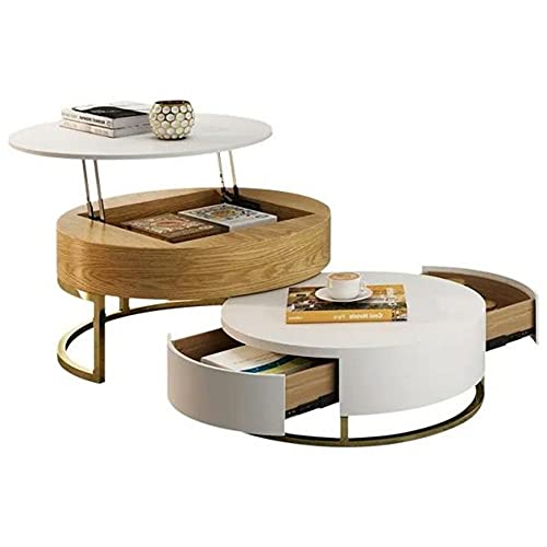 Woodeze Modern Round Lift-Top Wood Nesting Coffee Table with Rotatable Drawers in White & Natural Wood
