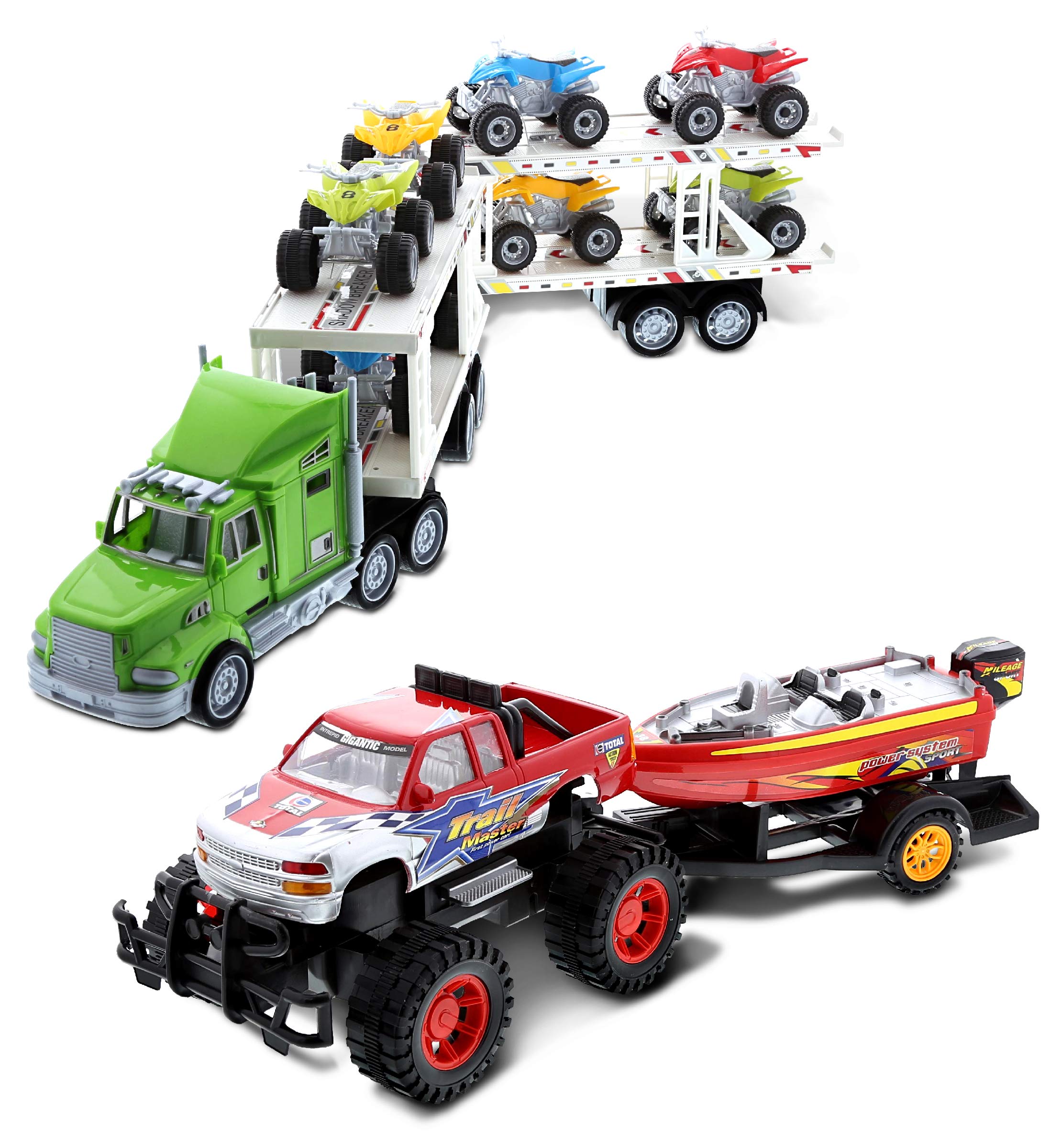 Mozlly Bundle of Friction Powered Hauler ATVs or Monster Trucks car carrier Playset & Monster Truck with Speed Boat Trailer Tran