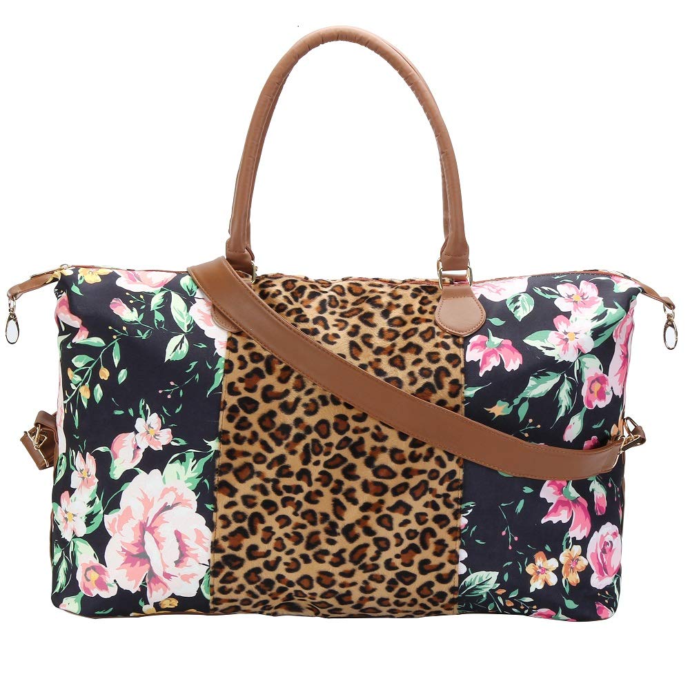 xinblueCo Floral Leopard Weekender Duffle Bags For Women Travel Tote Bag Overnight Weekend Bag Large Shoulder Bag With StrapA