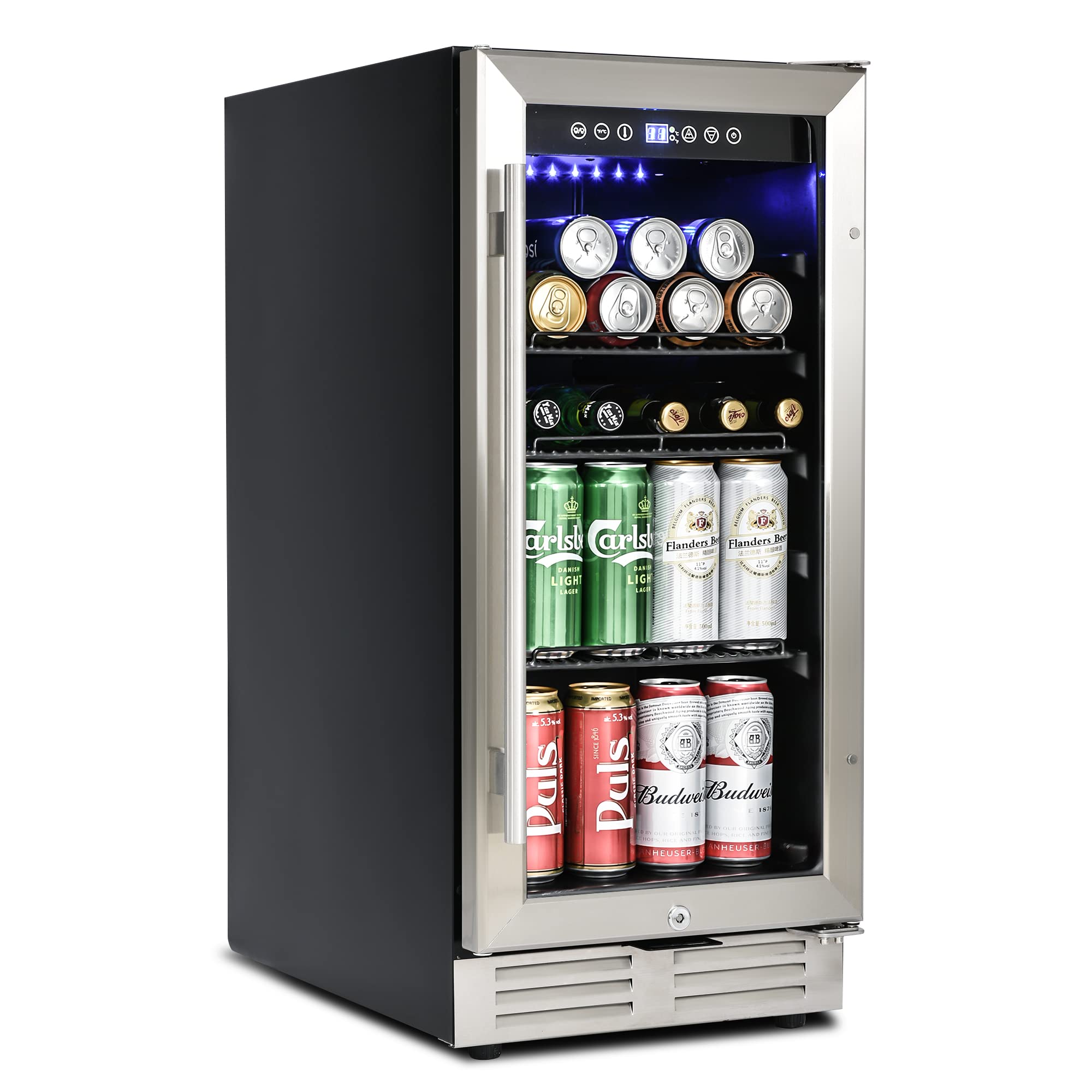 LUMISOL 15 Beverage Refrigerator, Mini cooler Under counter Built-in or Freestanding, 120 cans capacity Wine cabinet with Blue I