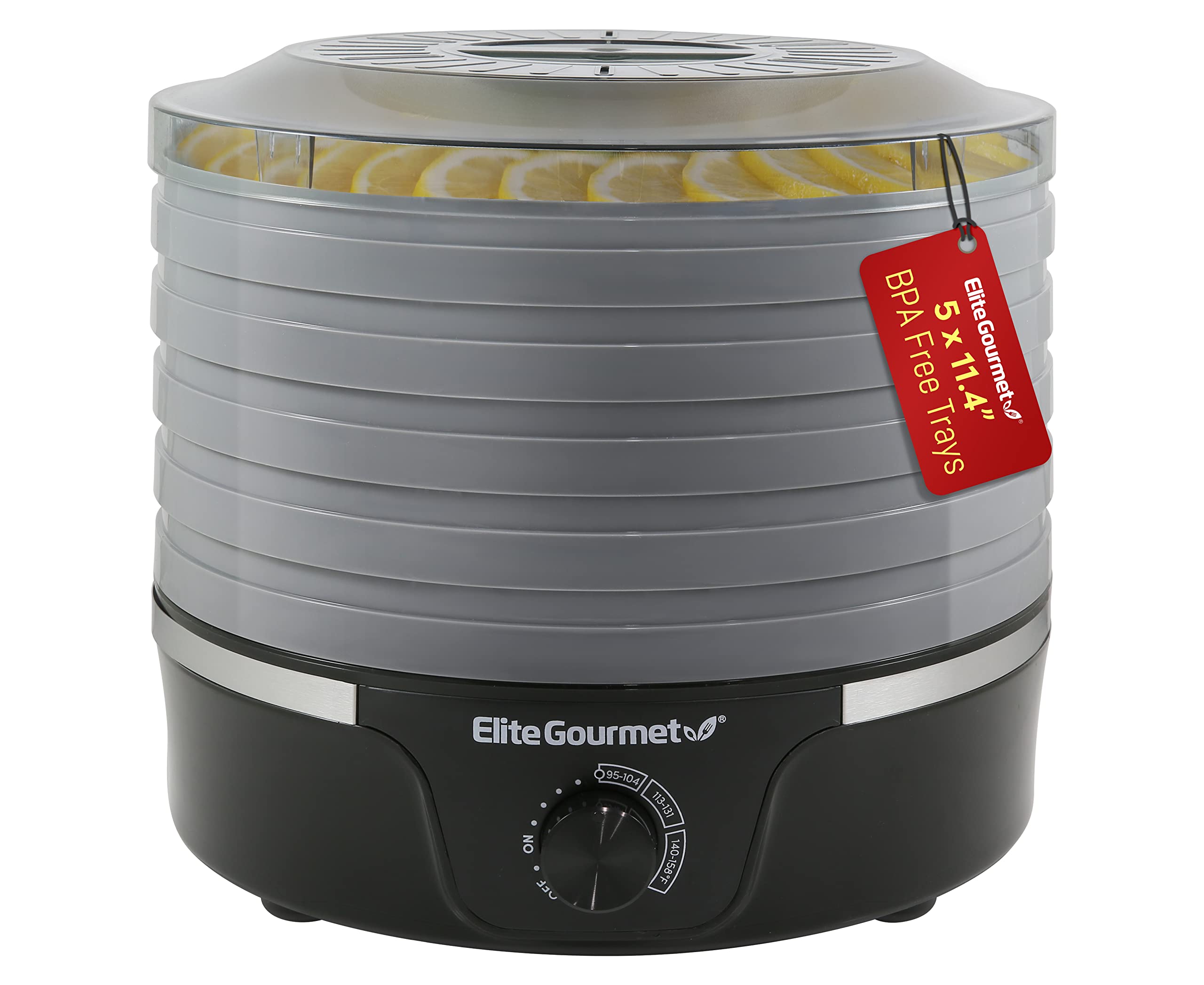 Elite gourmet EFD319DKg Food Dehydrator, 5 BPA-Free 114 Trays Adjustable Temperature controls, Jerky, Herbs, Fruit, Veggies, Dri