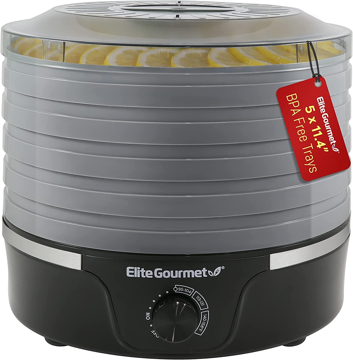 Elite gourmet EFD319BNg Food Dehydrator, 5 BPA-Free 114 Trays Adjustable Temperature controls, Jerky, Herbs, Fruit, Veggies, Dri
