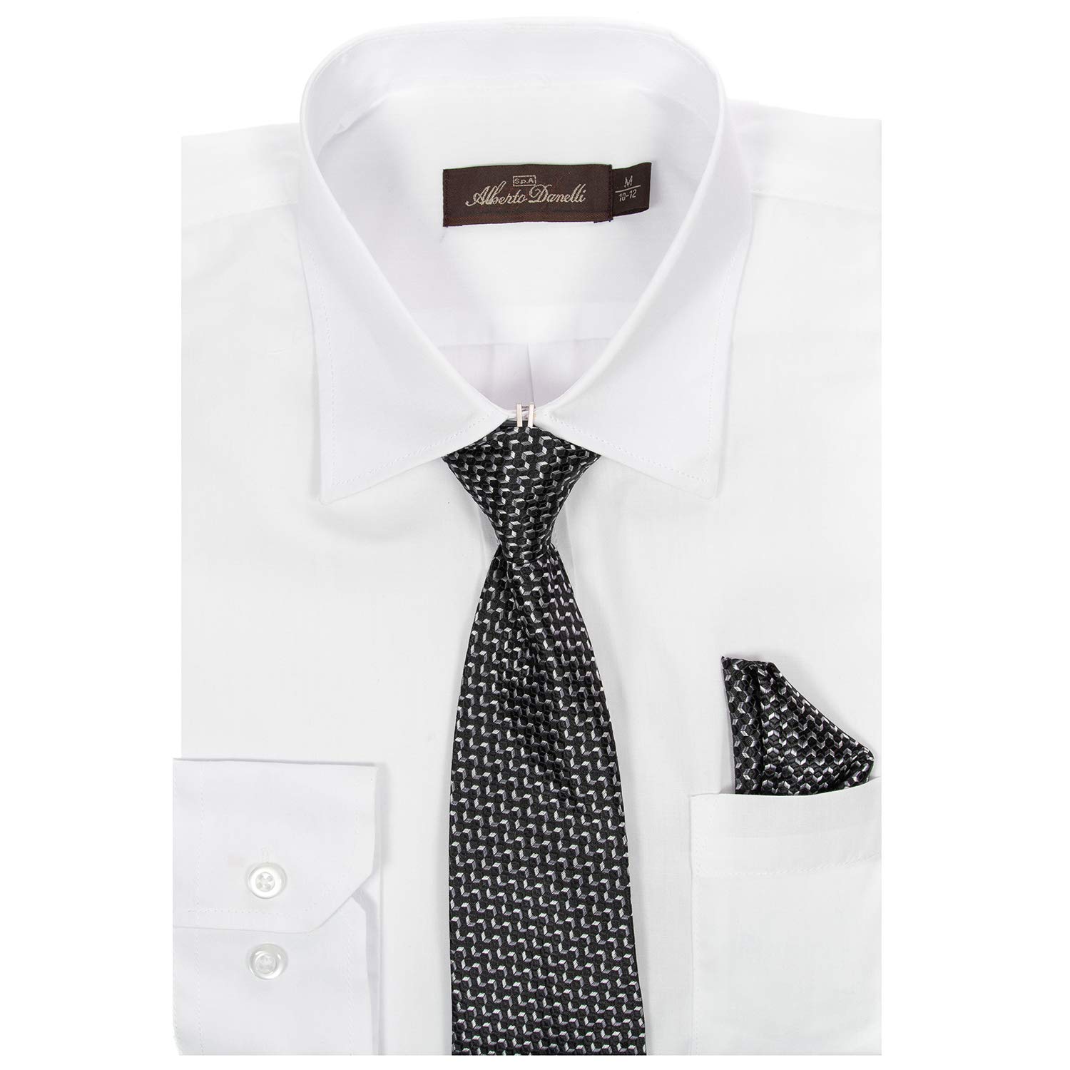 Alberto Danelli Boys Dress Shirt With Matching Tie And Handkerchief, Long Sleeve Button Down, Pocket, White C, 8