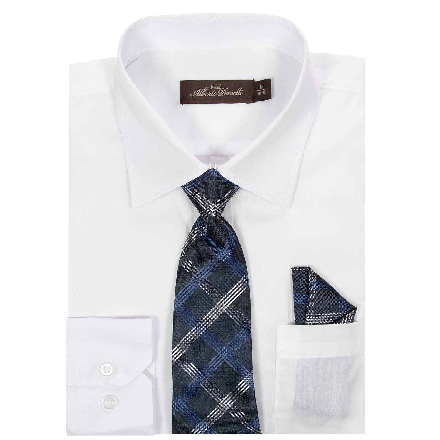 Alberto Danelli Boys Dress Shirt With Matching Tie And Handkerchief, Long Sleeve Button Down, Pocket, White D, 8