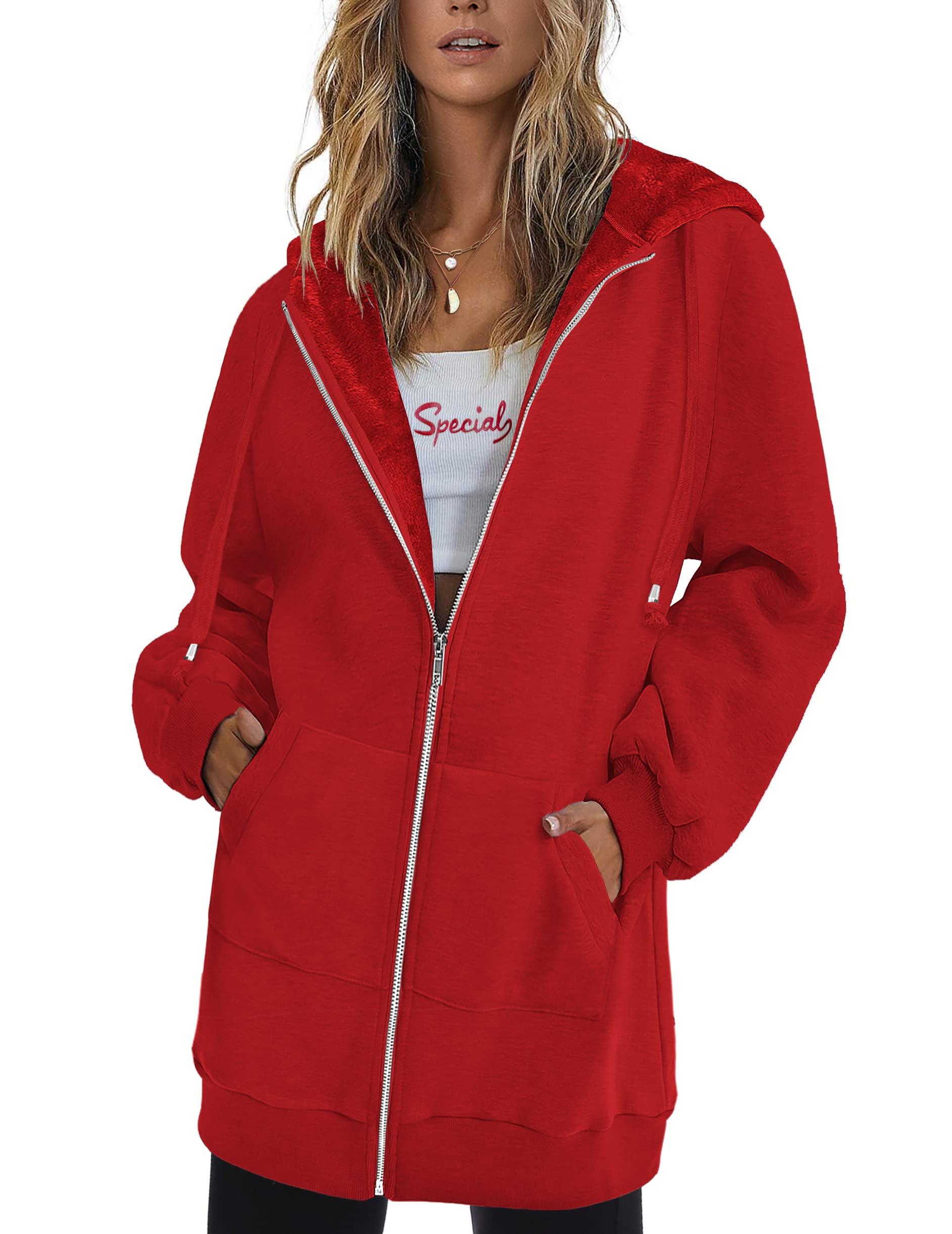 Zeagoo Women Casual Zip Up Hoodies Fleece Tunic Sweatshirt Long Hoodie  Jacket With Pockets Red