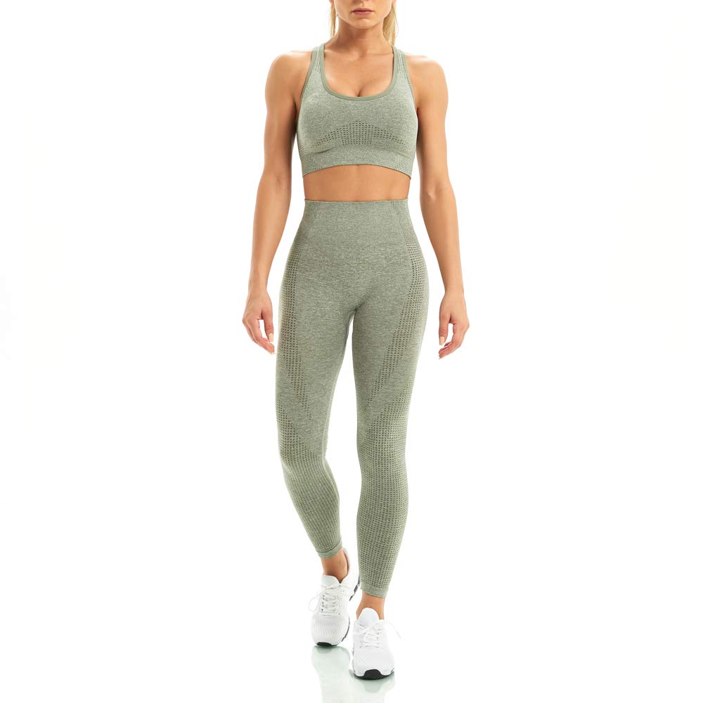WodoWei Women 2 Piece Workout Outfits Sports Bra Seamless Leggings Yoga Gym Activewear Set (YO601-khaki grey marl-L)