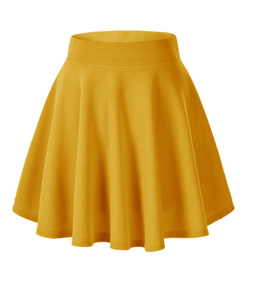 Afibi Casual Mini Stretch Waist Flared Plain Pleated Skater Skirt (Large, Yellow)