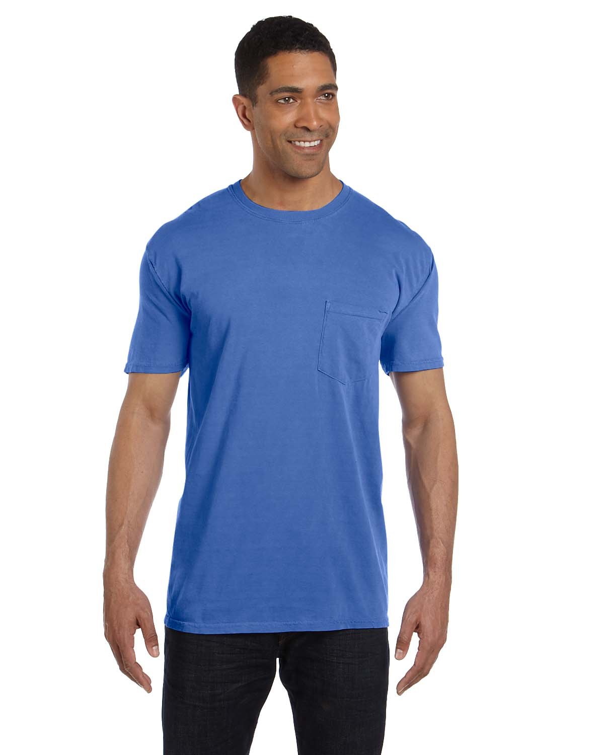 Comfort Colors Mens Adult Short Sleeve Pocket Tee, Style 6030 (Small, Neon Blue)