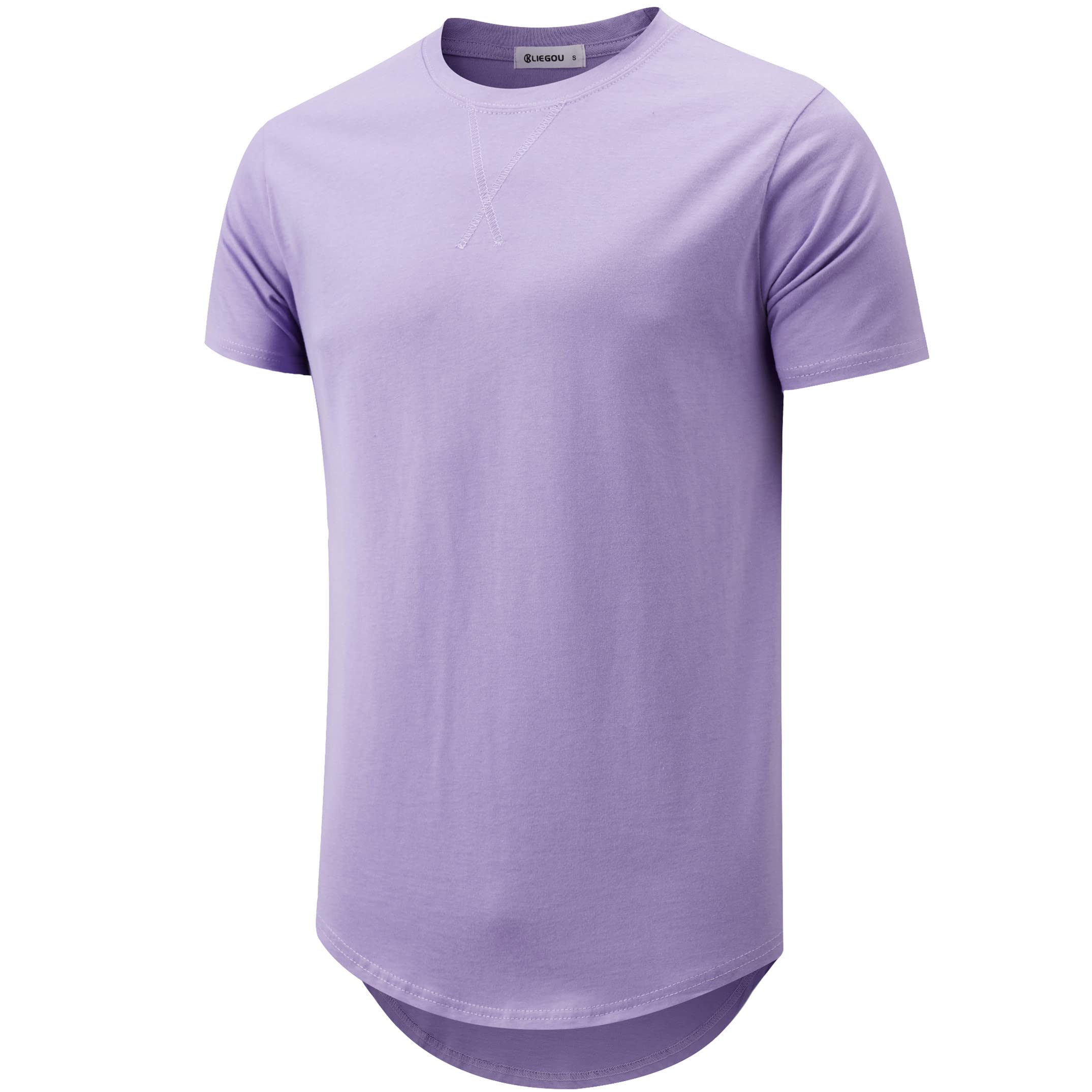 Kliegou Mens 100% Cotton Hipster Hip Hop Longline Crewneck T-Shirt Light Purple Xl