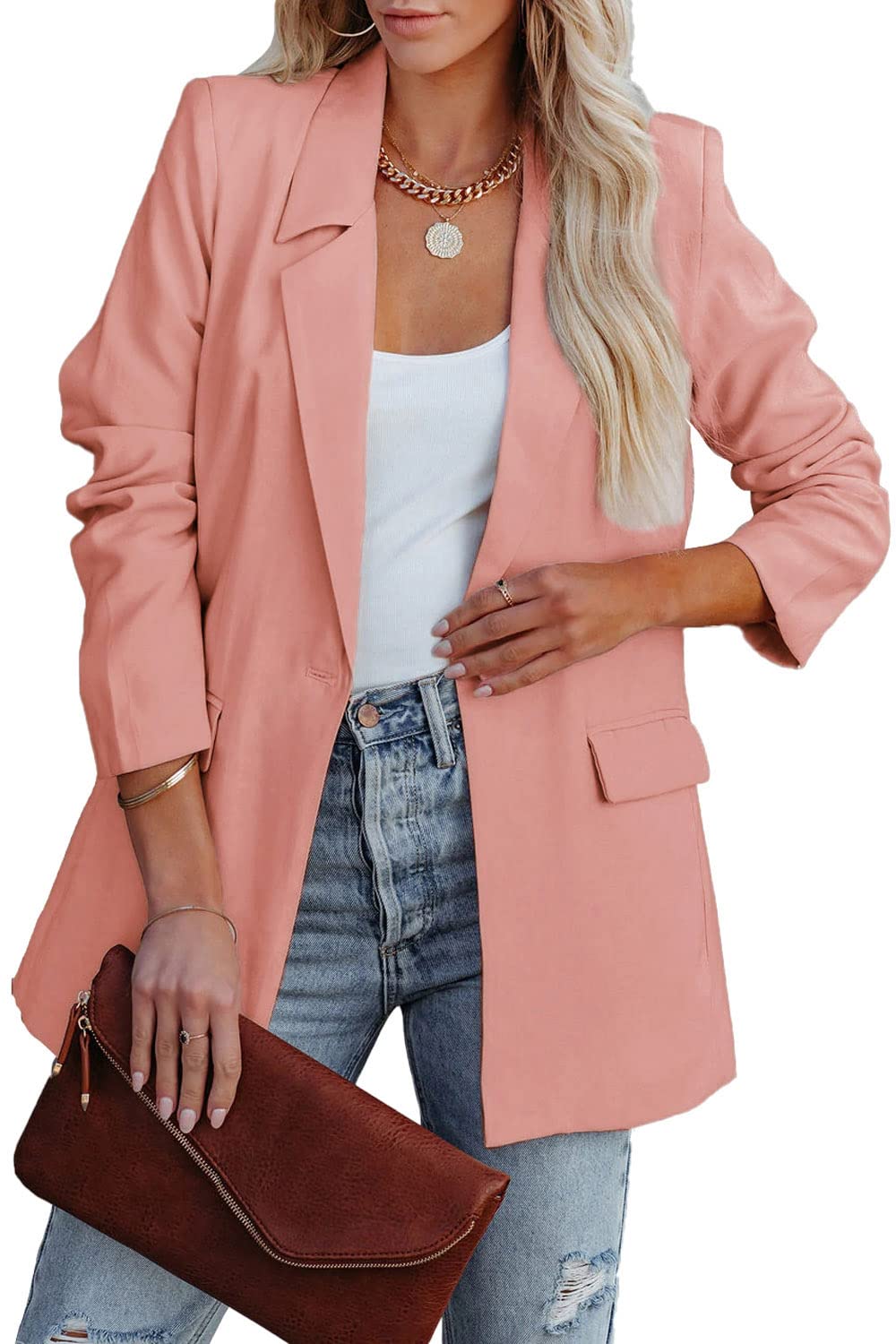 Prettygarden Womens Casual Blazers Long Sleeve Open Front Button Work Office Blazer Jackets With Pockets (Pink,Large)