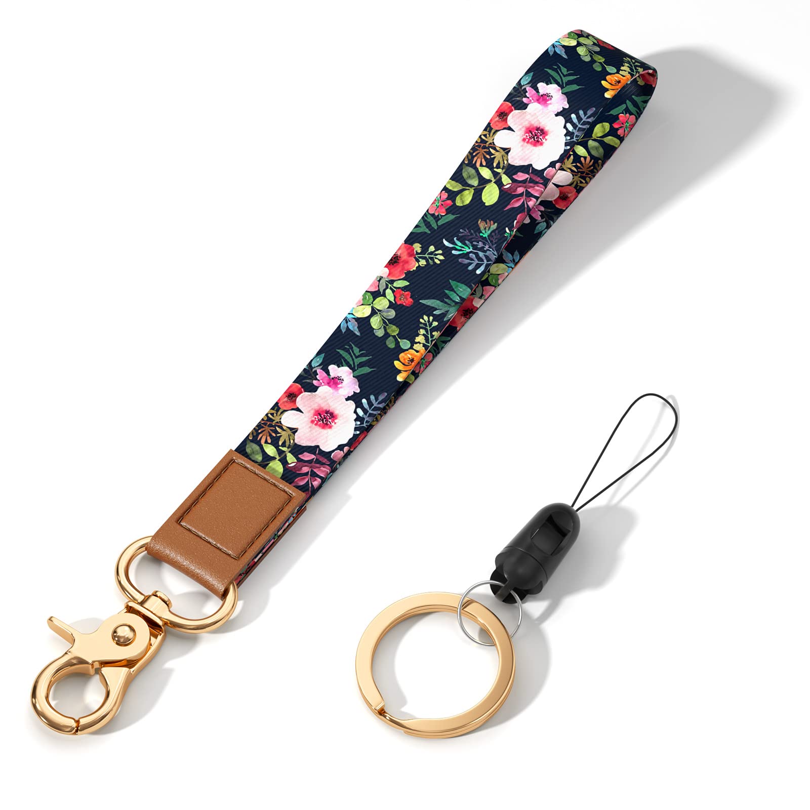 Hsxnam Wrist Lanyard Key Chain, Cute Wristlet Strap Keychain Holder For Women Men Keys Id Badges Phone Airpods, Black Flowera
