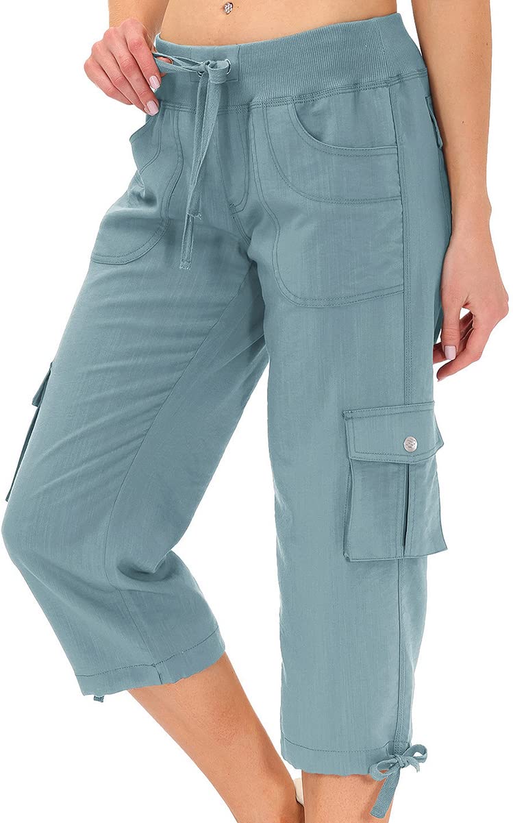 MoFiz Womens Capris with Pockets Loose Fit Casual Capri Pants Dressy Lightweight Ladies Baggy Cargo Pants for Hiking Grey Blue