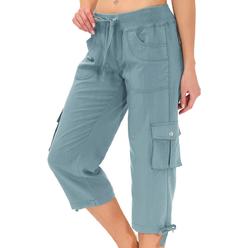 MoFiz Womens Capris with Pockets Loose Fit Casual Capri Pants Dressy Lightweight Ladies Baggy Cargo Pants for Hiking Grey Blue