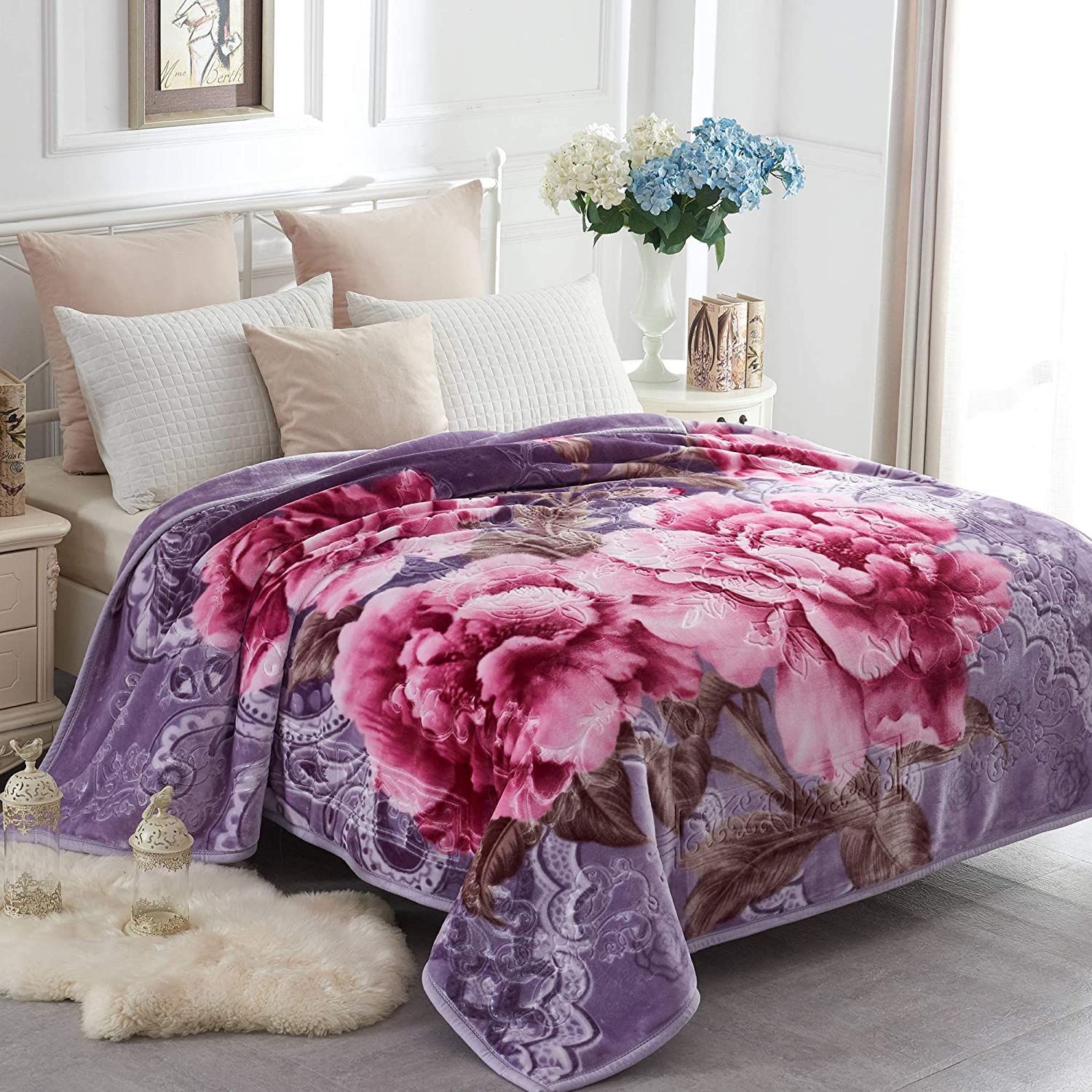 JYK Jyk Korean Faux Mink Fleece Blanket 83 X 91, 57 Lb - 2 Ply Reversible  Soft Warm Plush Flannel Blanket (Peonypeony, King)