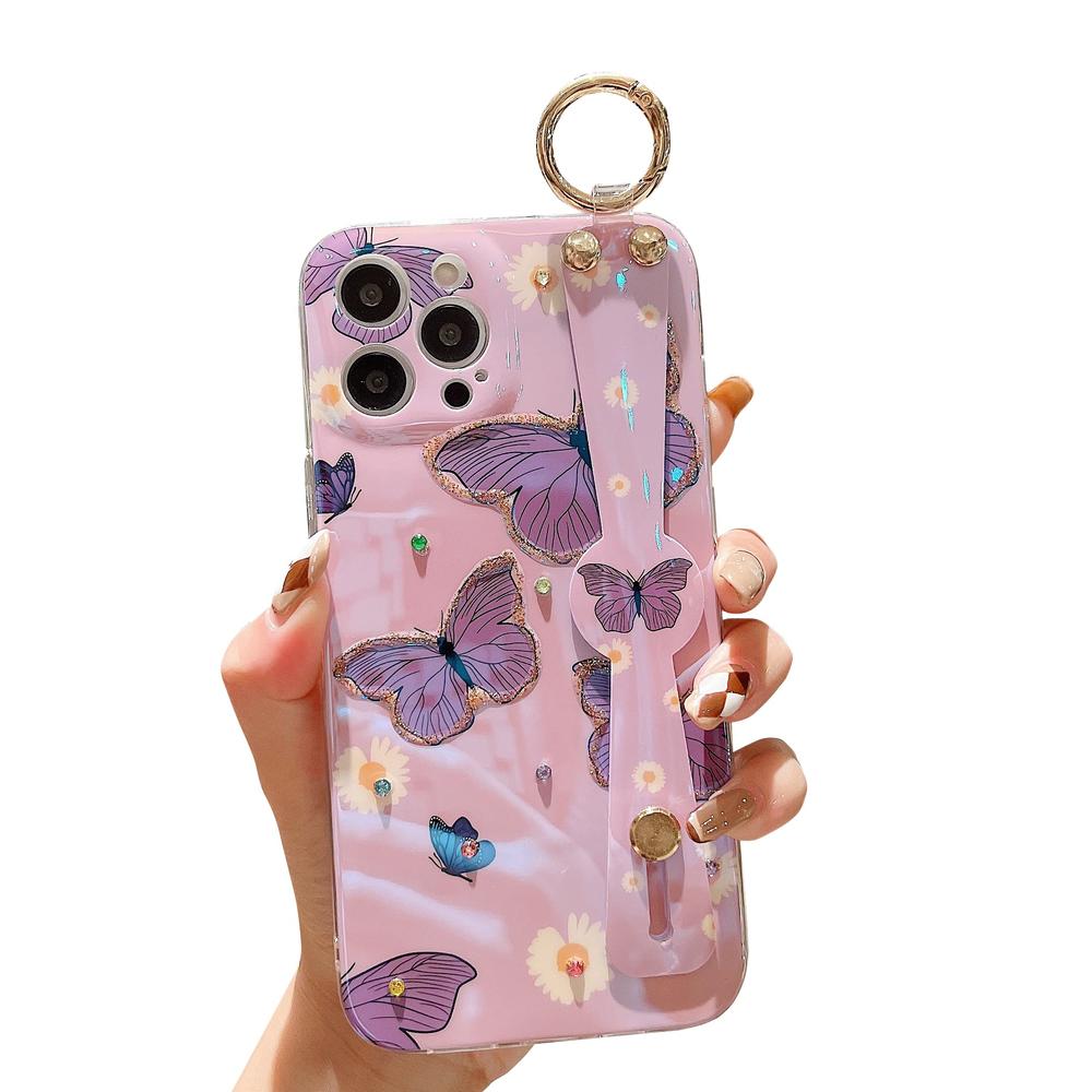 Lastma for iPhone 13 Pro Max Case Cute with Wrist Strap Kickstand Glitter Bling Cartoon IMD Soft TPU Shockproof Protective Cases