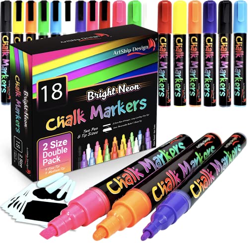 ArtShip Design 18 Classic Neon Chalk Markers Double Pack of Both Fine and Reversible Medium Tip Liquid Chalk Pens Wet Erasable - Menu Boards, G