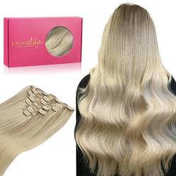 Wennalife Clip In Human Hair Extensions, 14 Inch 120G 7Pcs Ash Blonde To Golden Blonde And Platinum Blonde Ombre Clip In Human H