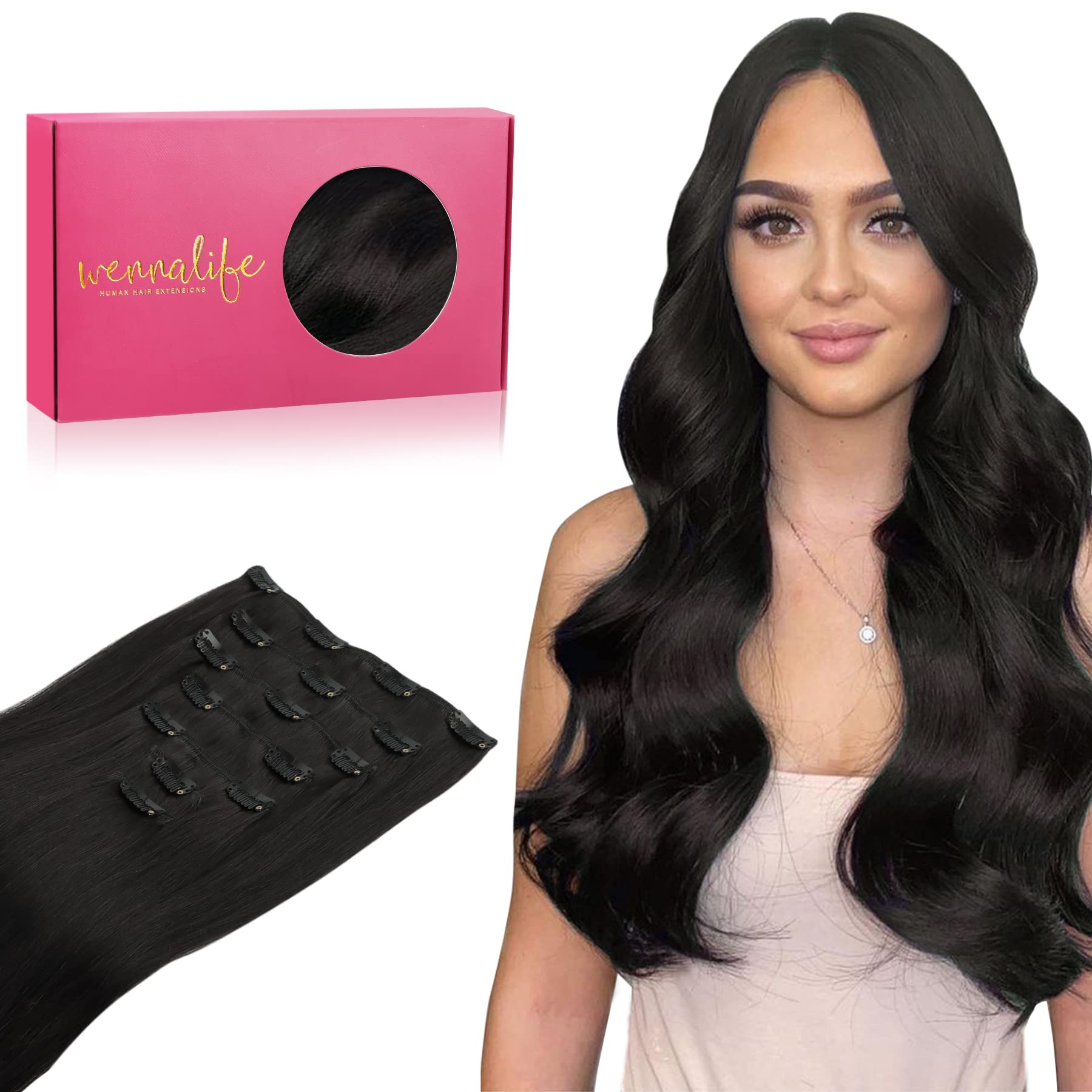 Wennalife Clip In Human Hair Extensions, 24 Inch 120G 7Pcs Natural Black Hair Extensions Clip In Human Hair Remy Clip In Hair Ex