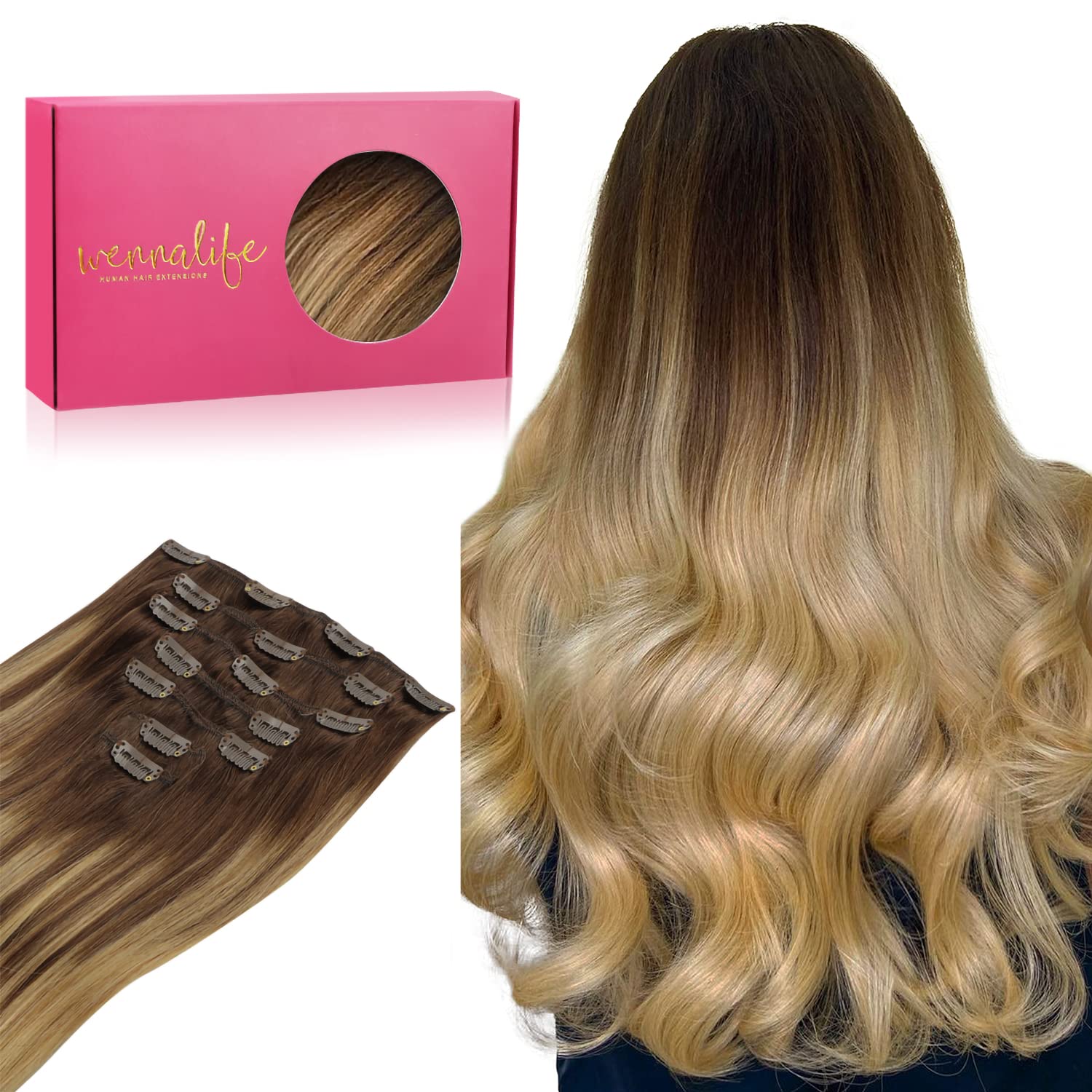 Wennalife Clip In Hair Extensions, 22 Inch 120G 7Pcs Balayage Chocolate Brown To Dirty Blonde Hair Extensions Clip In Human Hair