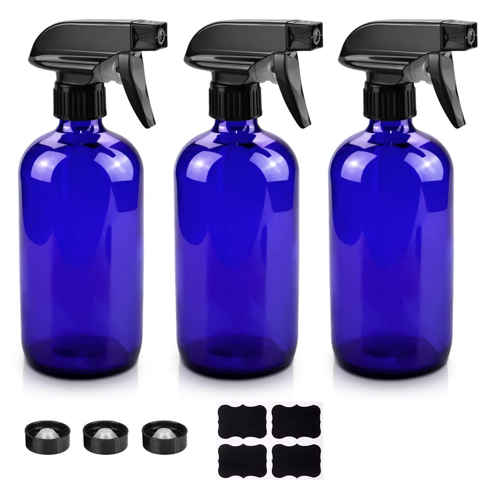 Worldgsb Glass Spray Bottles, 16Oz Blue Glass Spray Bottles With Labels & Adjustable Nozzle, Reusable Containers For Cleaning, B