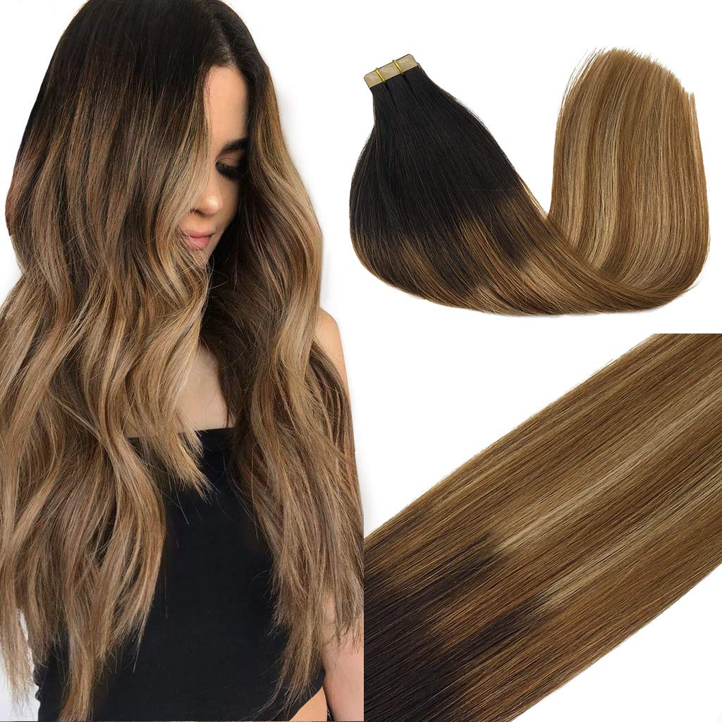 Goo Goo 20 Inch Human Hair Extensions Tape In Dark Brown To Chestnut Brown And Dirty Blonde Balayage Hair Extensions Tape In Nat