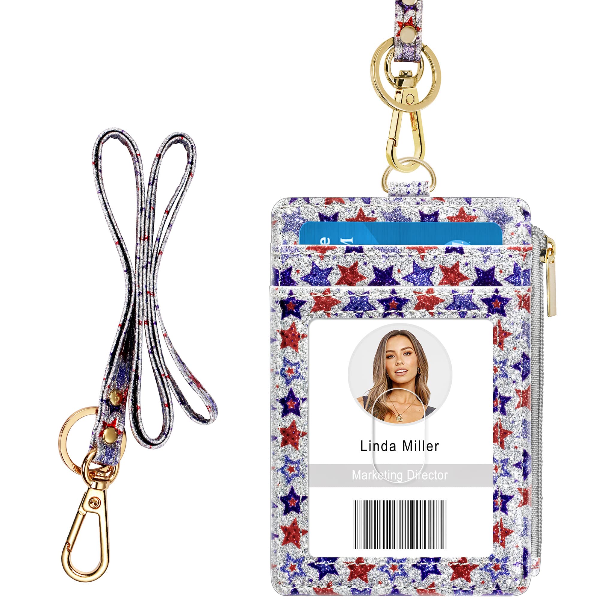 AZRRA Id Badge Holder With Lanyard, Vertical Bling Shiny Id Badge Card Holder With 1 Clear Id Window, 4 Credit Card Slots, 1 Cash Coin