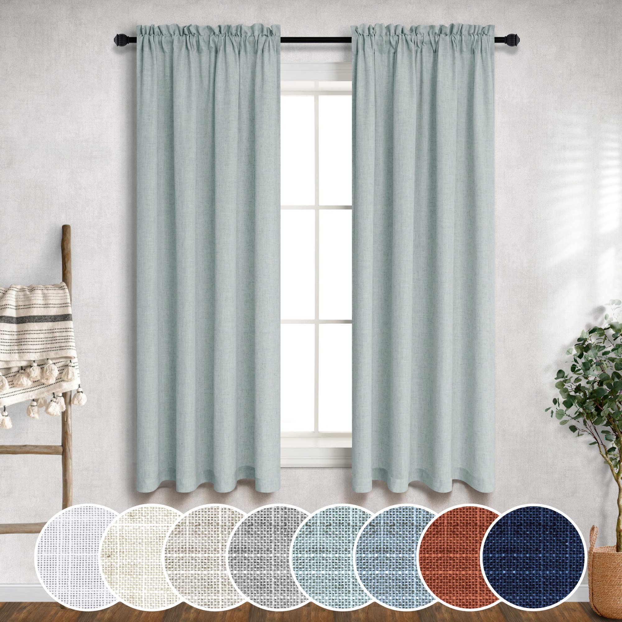 Mrs.Naturall Aqua Curtains 38 Inch Width for Kitchen 2 Panel Rod Pocket Semi Sheer Linen Short Cafe Blue Green Tier Curtains for Basement Lau