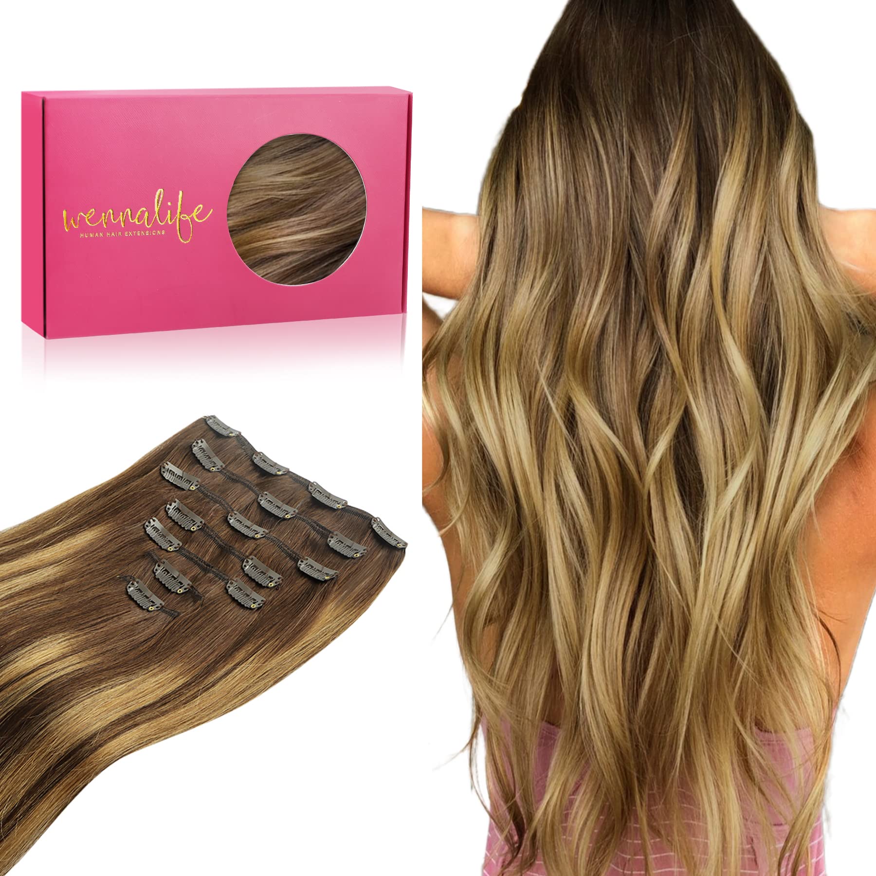 Wennalife Clip In Hair Extensions, 14 Inch 120G 7Pcs Balayage Chocolate Brown To Caramel Blonde Hair Extensions Clip In Human Ha