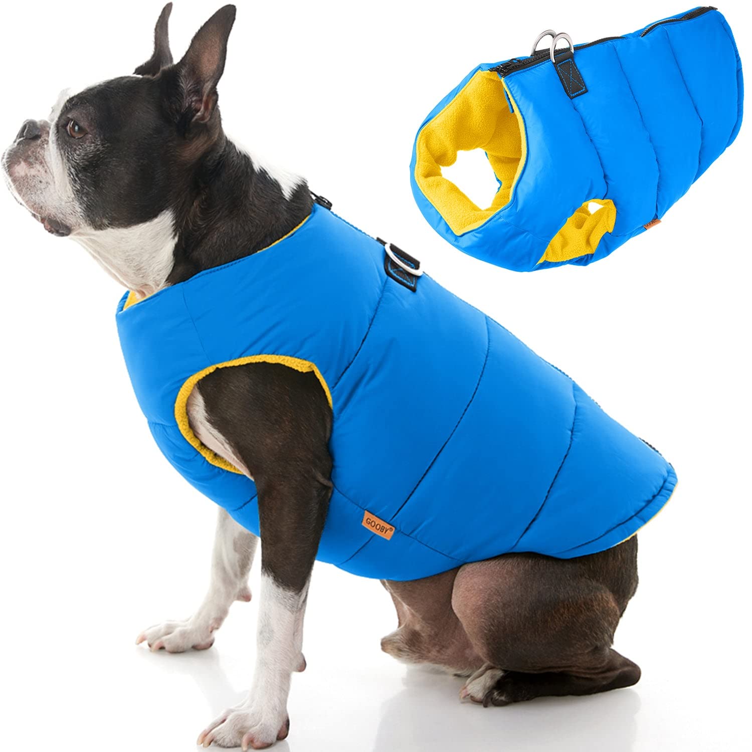 Gooby Padded Vest Dog Jacket - Solid Blue, Small - Warm Zip Up Dog Vest Fleece Jacket With Dual D Ring Leash - Winter Water Resi