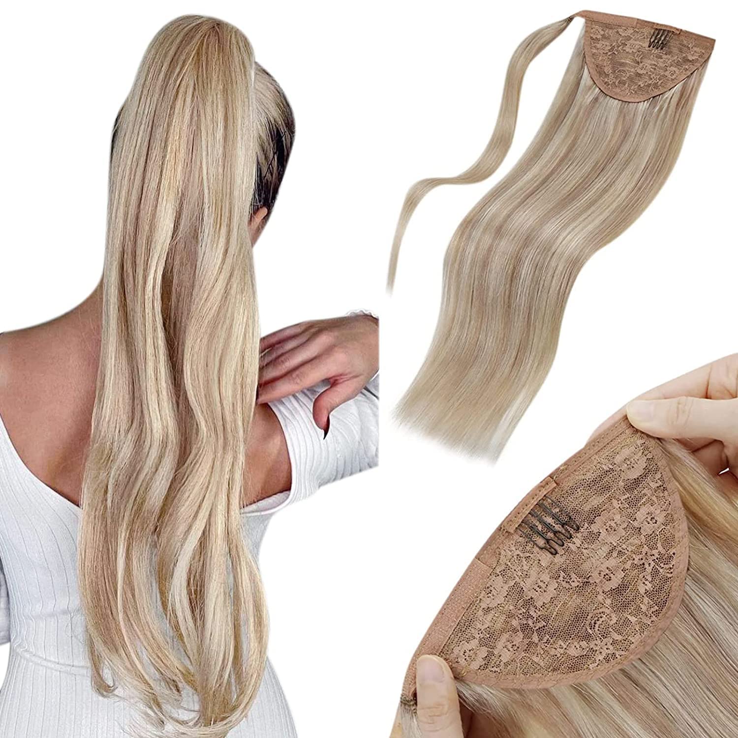 Laavoo Blonde Hair Extensions Ponytail Real Human Hair 18 Ash Blonde Mixed Light Blonde Clip In Wrap Around Ponytail Hair Extens