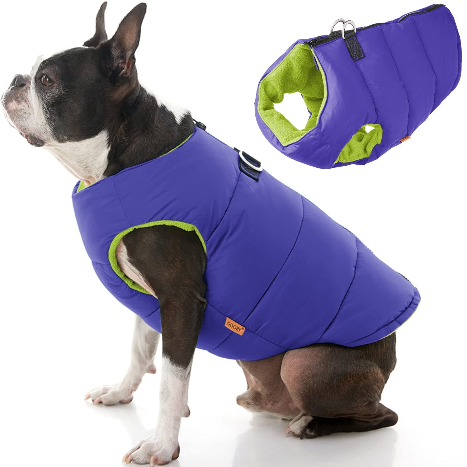 Gooby Padded Vest Dog Jacket - Solid Purple, X-Small - Warm Zip Up Dog Vest Fleece Jacket With Dual D Ring Leash - Water Resista