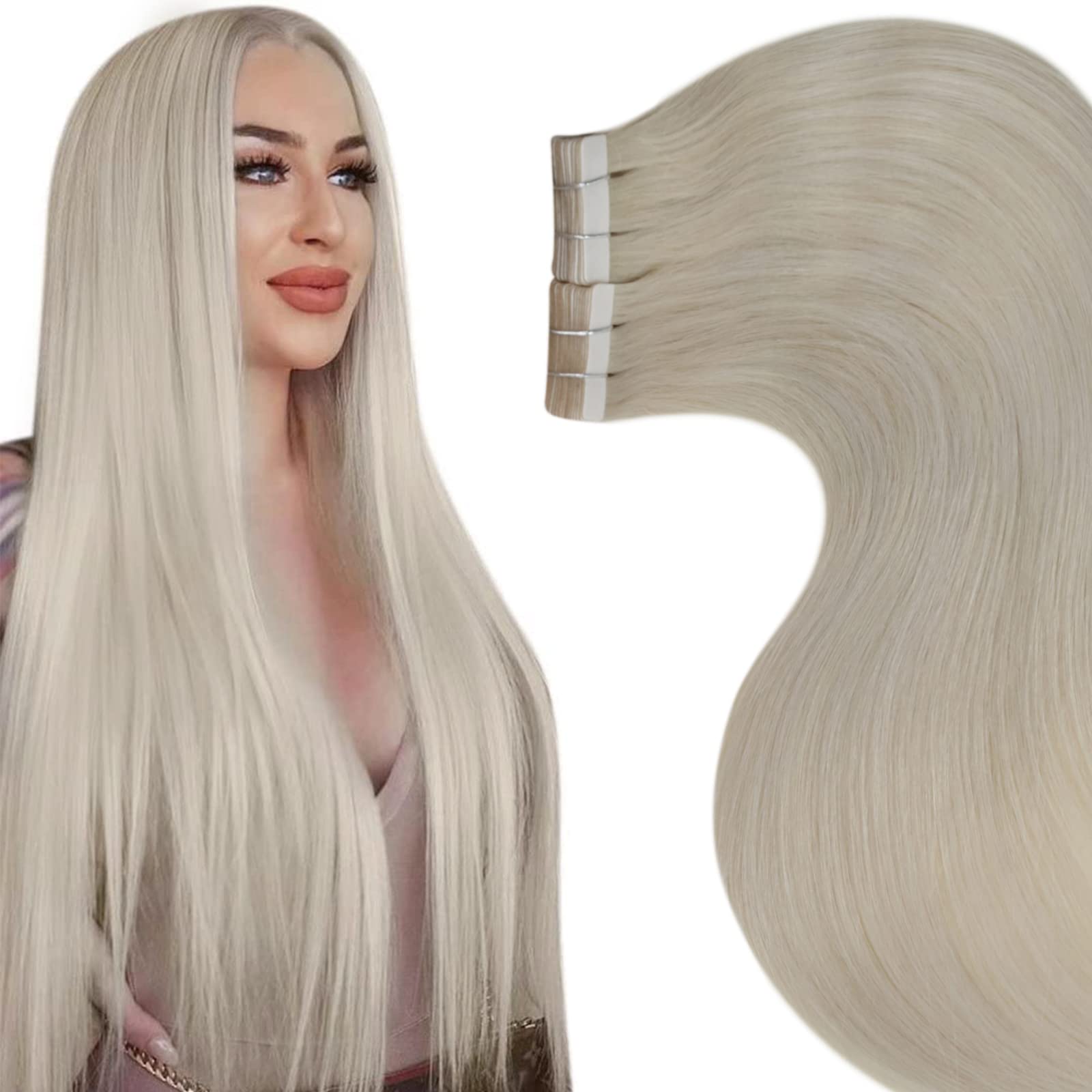 Laavoo Remy Tape In Hair Extensions Human Hair Platinum Blonde 30 Inch Long Hair Extensions Real Human Hair Tape Ins White Blond