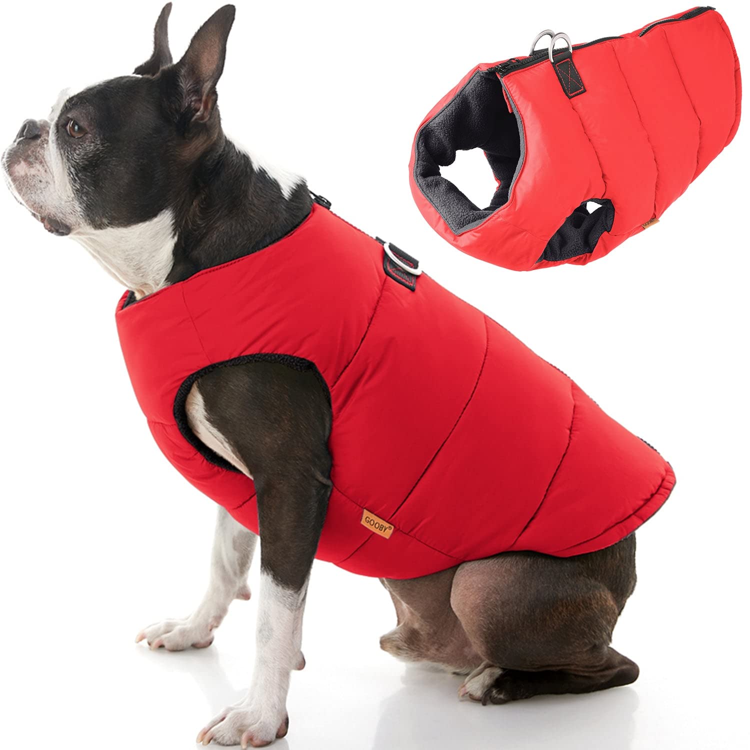 Gooby Padded Vest Dog Jacket - Solid Red, Medium - Warm Zip Up Dog Vest Fleece Jacket With Dual D Ring Leash - Winter Water Resi