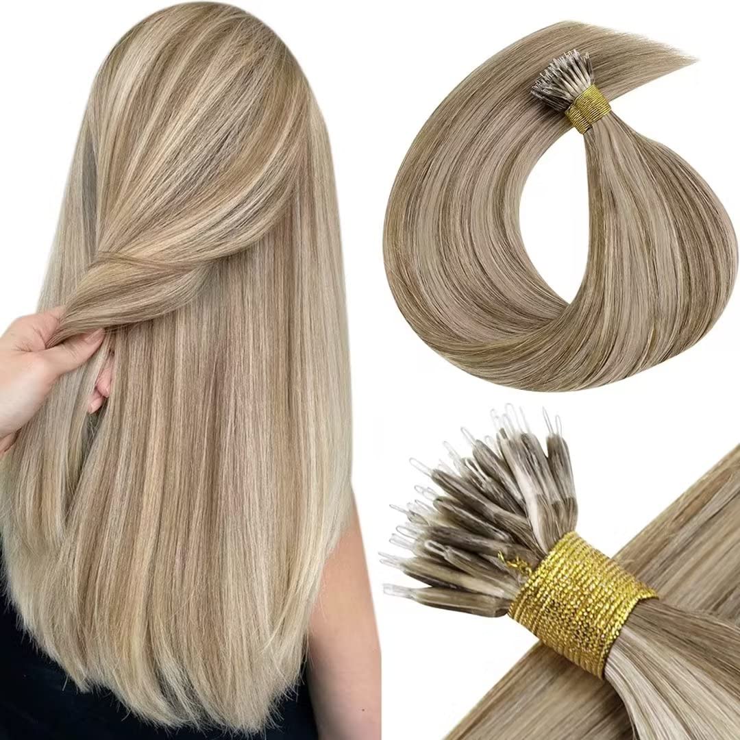 Laavoo Nano Ring Real Human Hair Extensions Light Brown Mix Golden Brown Blayage Ombre 20 Inch Hair Extensions Nano Beads Hair E