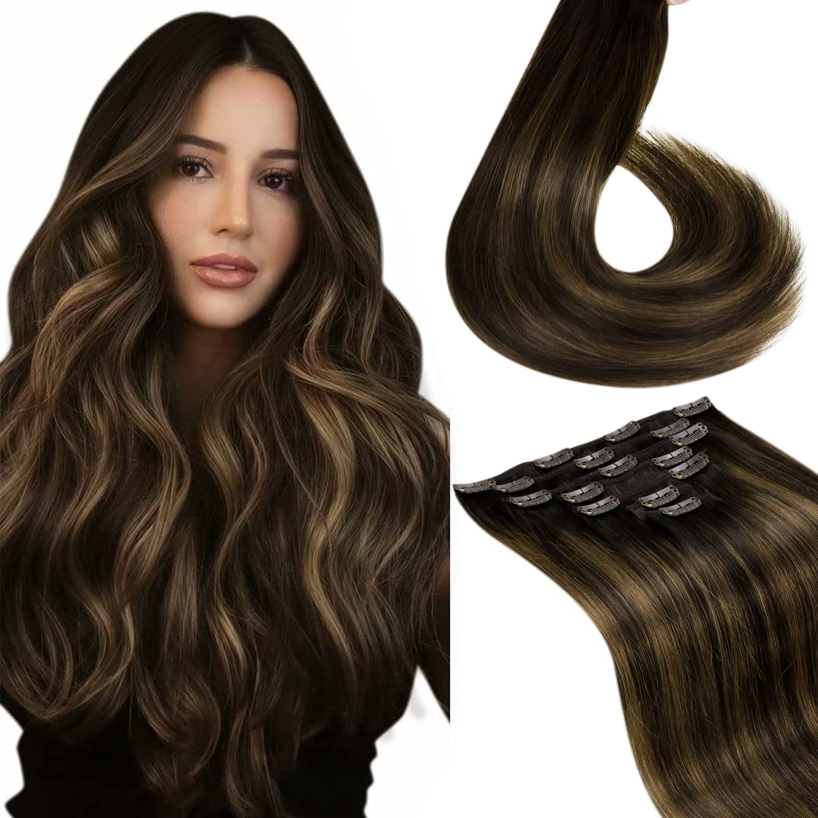 Laavoo Clip In Hair Extensions Balayage Real Human Hair Dark Brown Fading To Light Brown 18 Inch Hair Extensions Clip In Human H