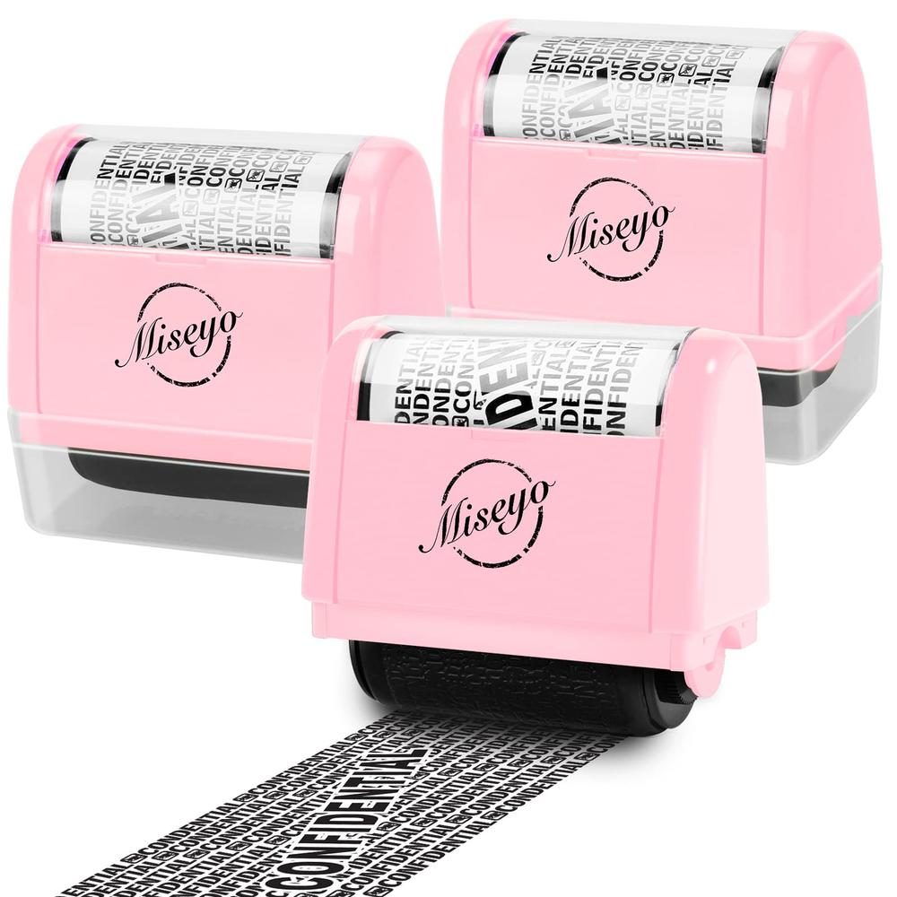 Miseyo Wide Roller Stamp Identity Theft Stamp 1.5 Inch Perfect For Privacy Protection - 3Pack Set (Pink)