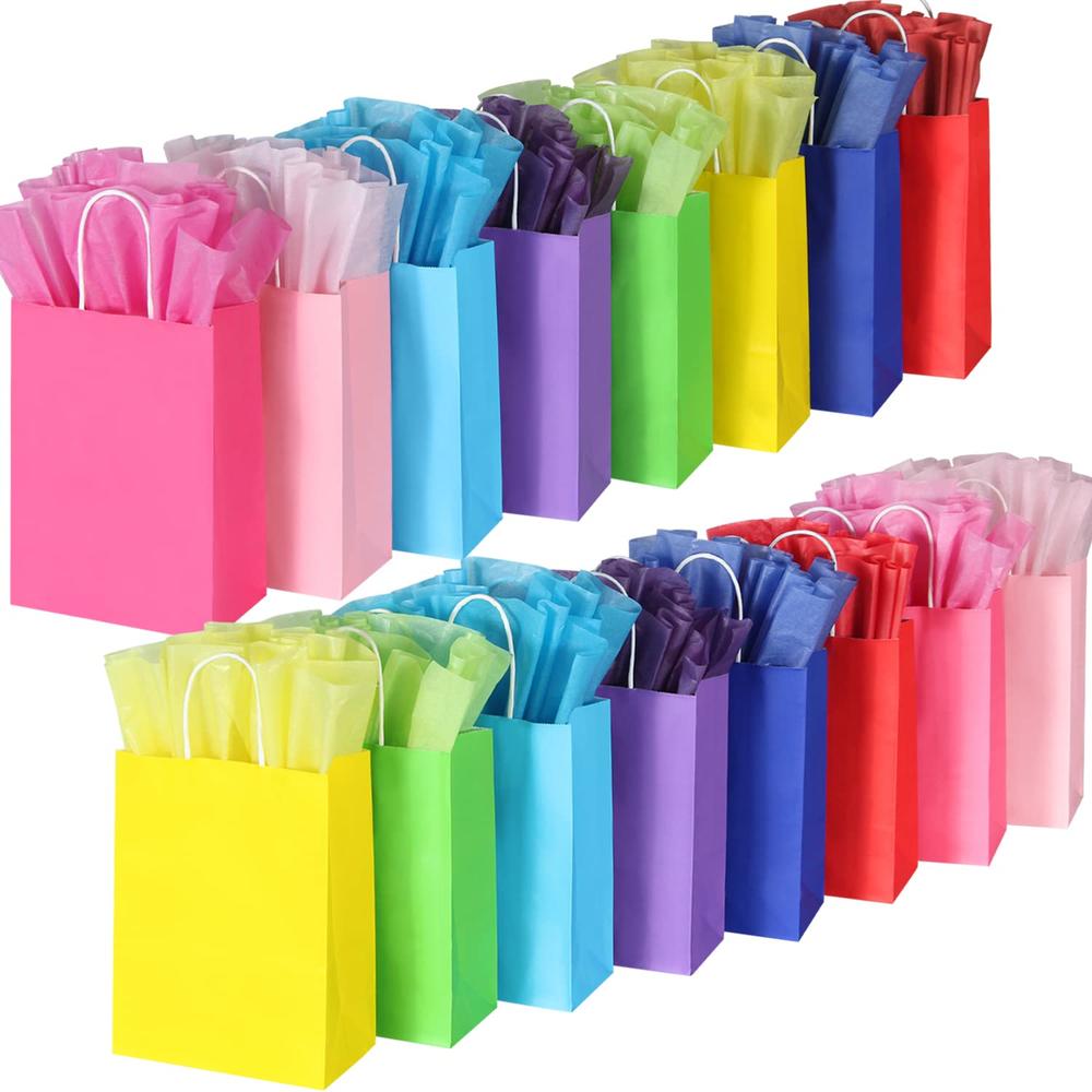 BLEWINDZ 32 Pieces Gift Bags with 32 Tissues, 8 Colors Party Favor Bags with Handles, Rainbow Gift Bags for Wedding, Birthday, P