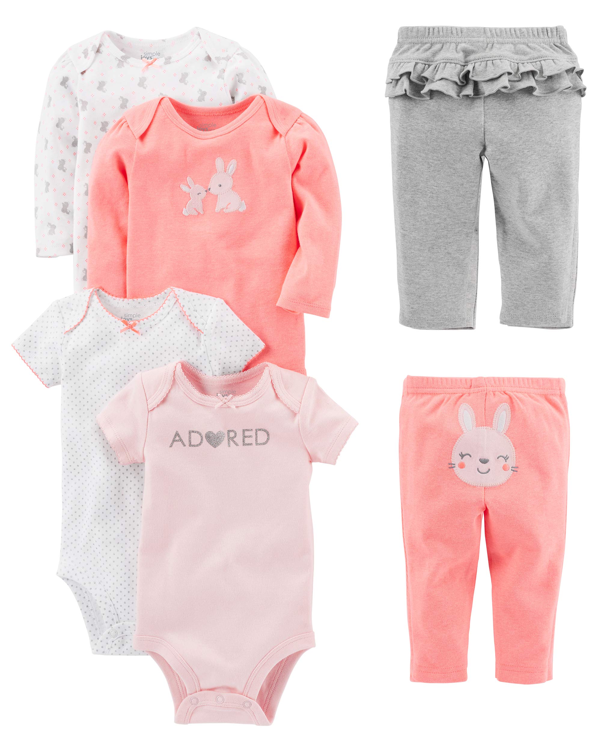 Simple Joys by Carte Simple Joys By Carters Baby Girls 6-Piece Bodysuits  (Short And Long Sleeve) And Pants Set, Pinkgreywhite, Bunny, 3-6 Months