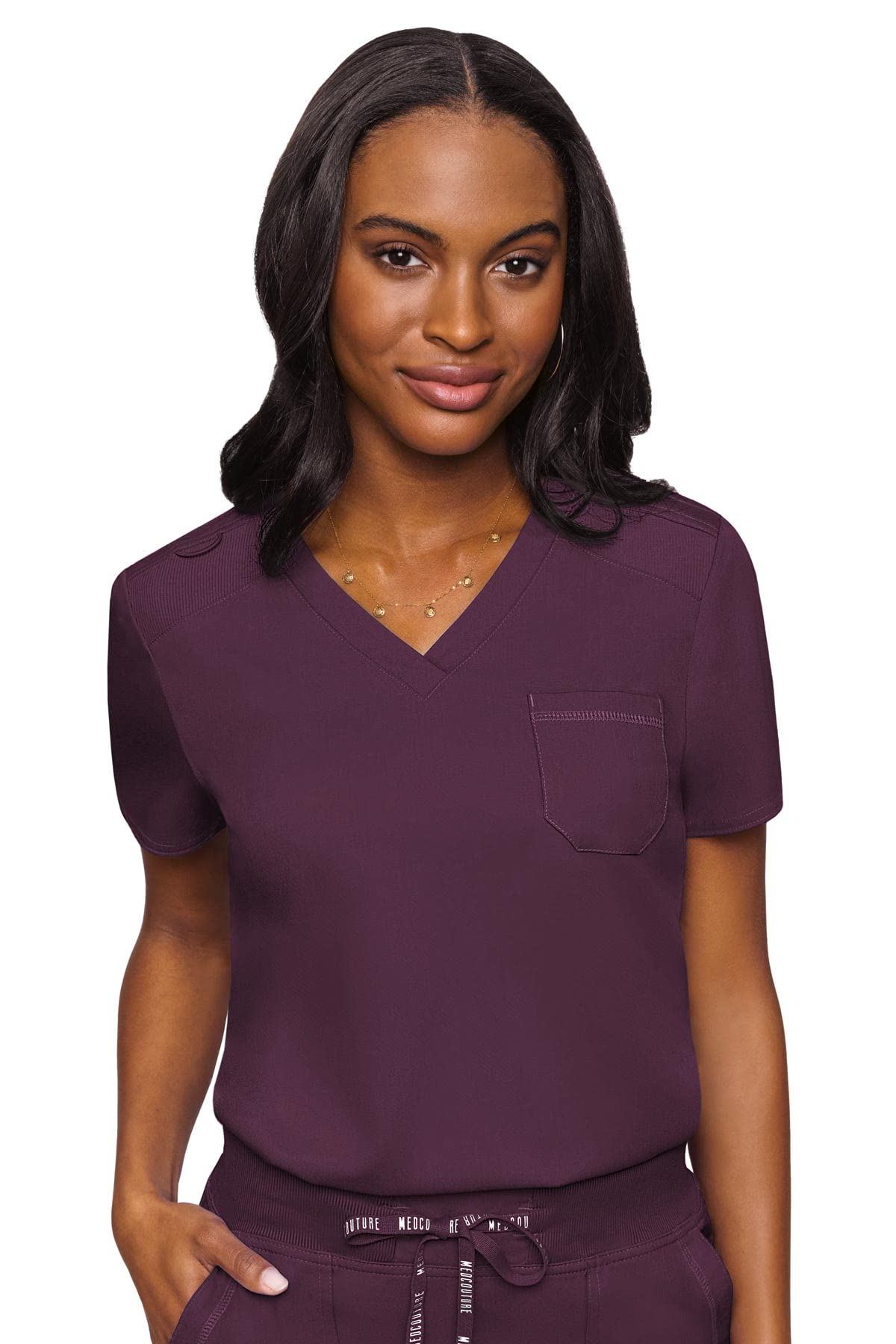 Med Couture Touch Womenas Chest Pocket Tuck In Top, Wine, Small