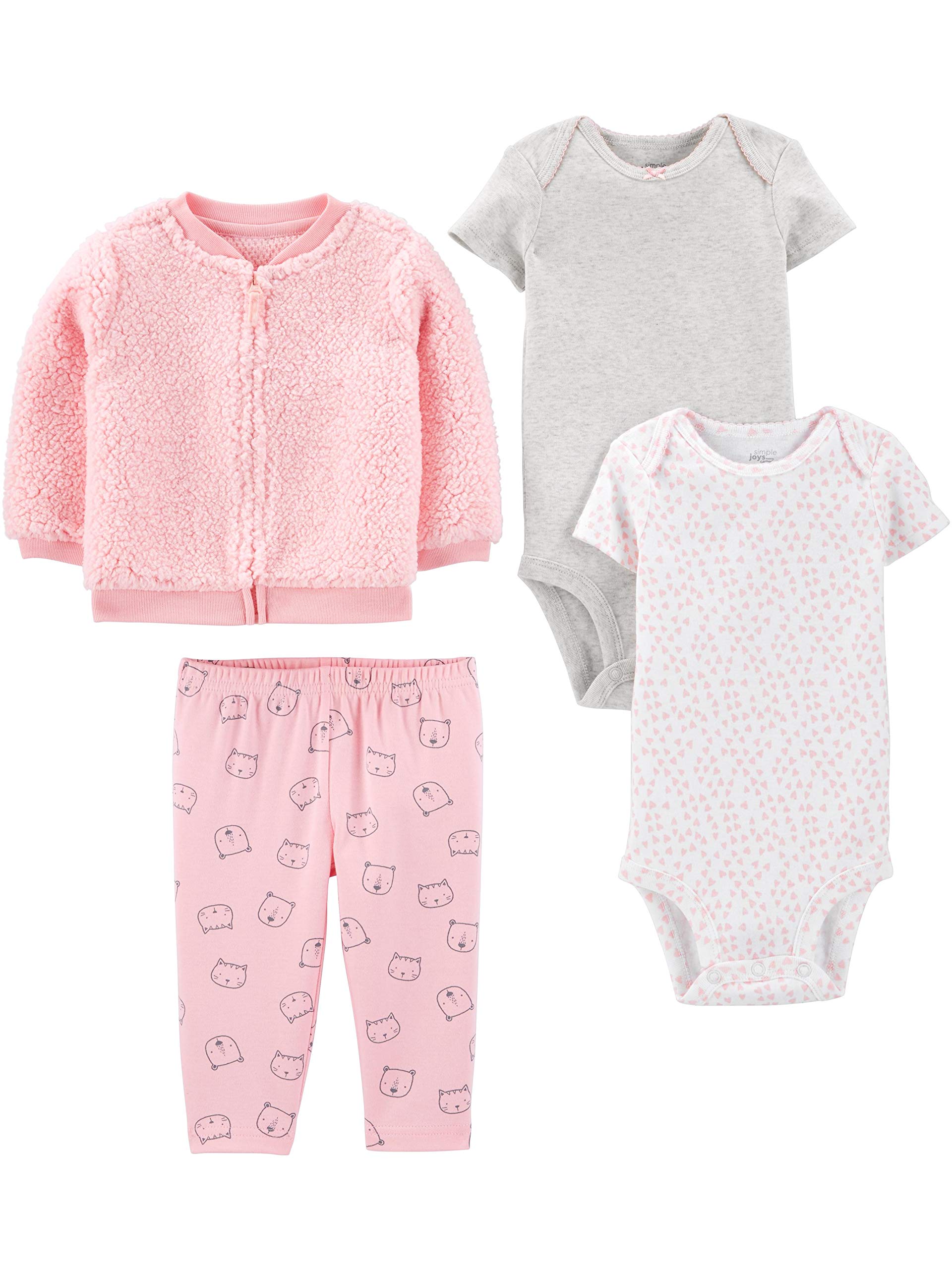Simple Joys by Carte Simple Joys By Carters Baby Girls 4-Piece Jacket,  Pant, And Bodysuit Set, Pink, Cat, 3-6 Months