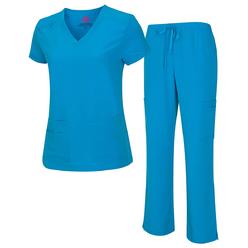 Natural Uniforms Womens Cool Stretch V-Neck Top And Cargo Pant Set (Water Blue, Xx-Large)