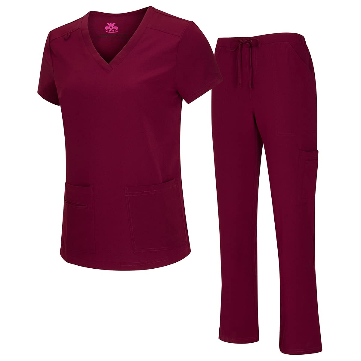 Natural Uniforms Womens cool Stretch V-Neck Top and cargo Pant Set (Burgundy, X-Small)