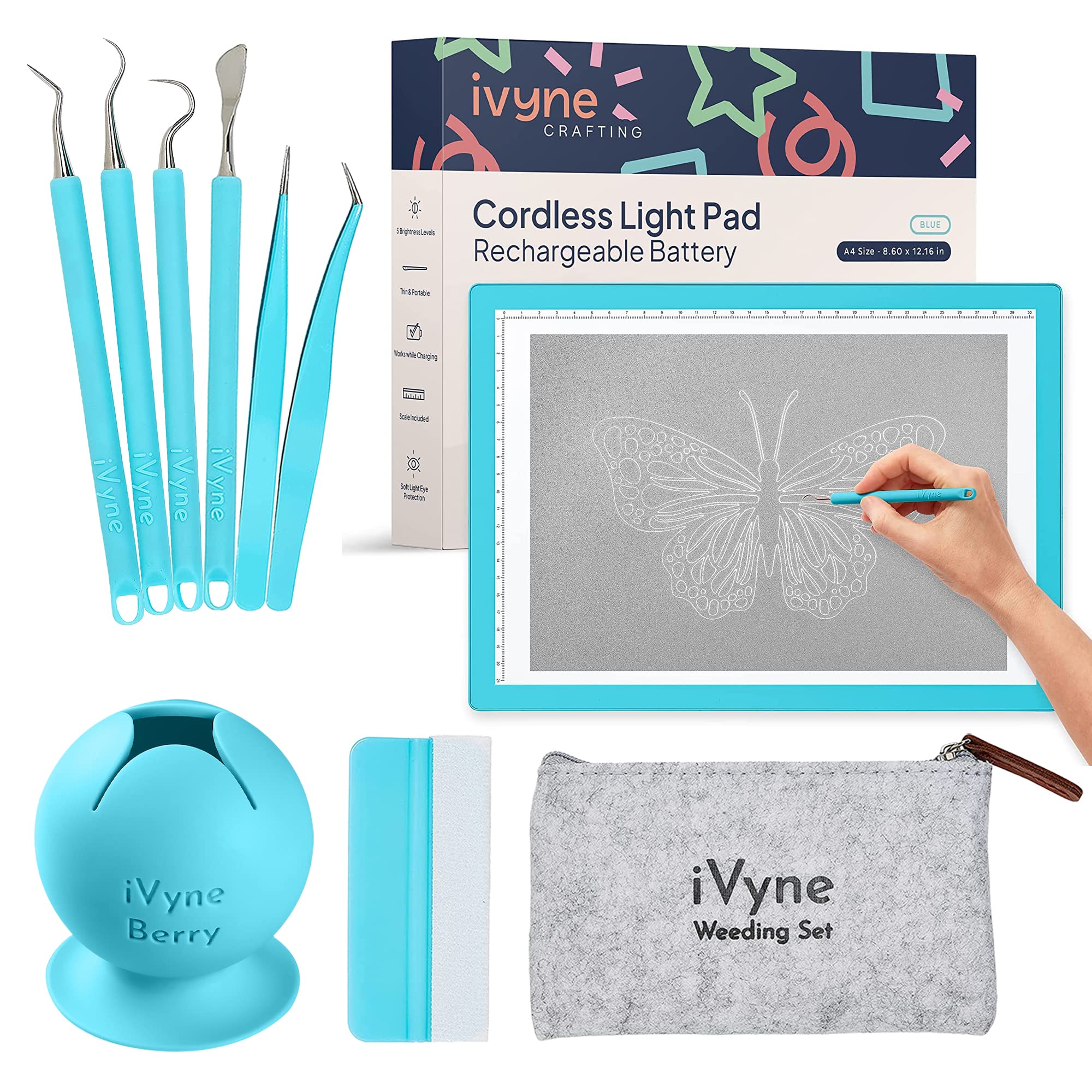 iVyne Complete_Blue Ivyne Complete Set Rechargeable A4 Light Pad, Weeding  Tools For Vinyl, Weeding Scrap Collector For Cricut And Silhouette Machine