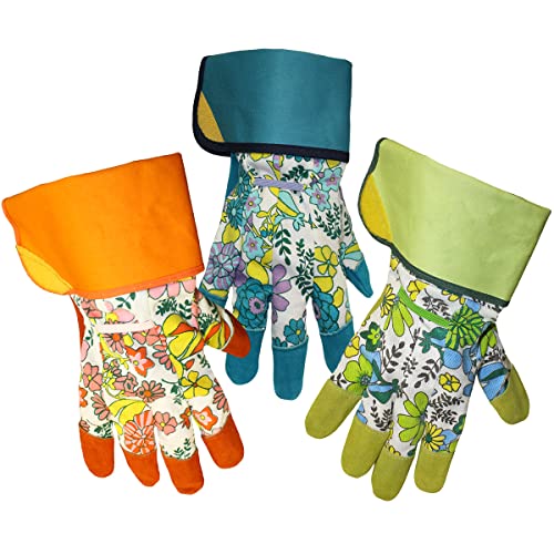 Boss Manufacturing Co 8418 Boss Lady Hd Leather Fold Up Extd Cuff Green, Teal, Orange Floral Sm  Glove, Large, White