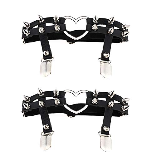 Jurxy 1 Pair Gothic Studded Heart Garters Leg Ring Leg Elastic Punk Harness Garter Belt Adjustable Suspender with 2 Metal Clips 