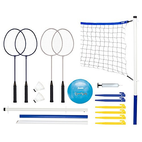 Franklin Sports Volleyball and Badminton Set - Volleyball, Pump, Badminton Rackets, Birdies, Net, and Adjustable Polls - Beach o
