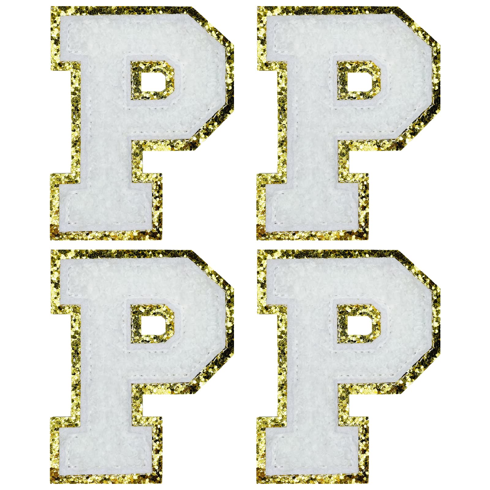 JONGDARI Jongdari Letter Patches Varsity Chenille Iron on Letters Patchs  for Clothing, 4pcs English Letter P with Gold Glitters Border, A